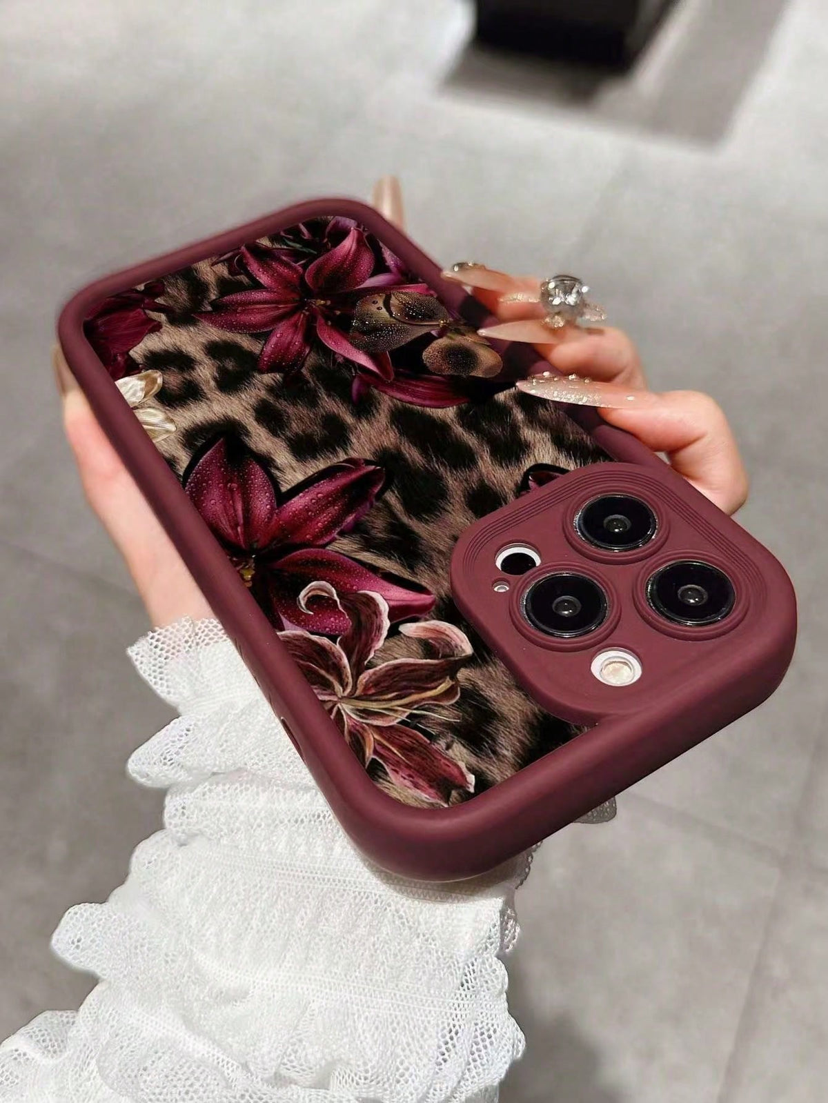 Cheetah, Leopard Print Burgundy Sexy Leopard Print & Vintage Floral Thick Anti-Drop Phone Case, Compatible With Iphone 11 12 13 14 15 16, 13 Pro Max, 16 Plus, XR, 7, 8 Plus, 17 Pro Max, 15 Pro Max And