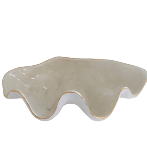 coastal decor, clam shell bowl, decorative bowl, jewelry display, 22K gold accent, handcrafted in Oklahoma, summer decor, artistic home accents, nautical elegance.