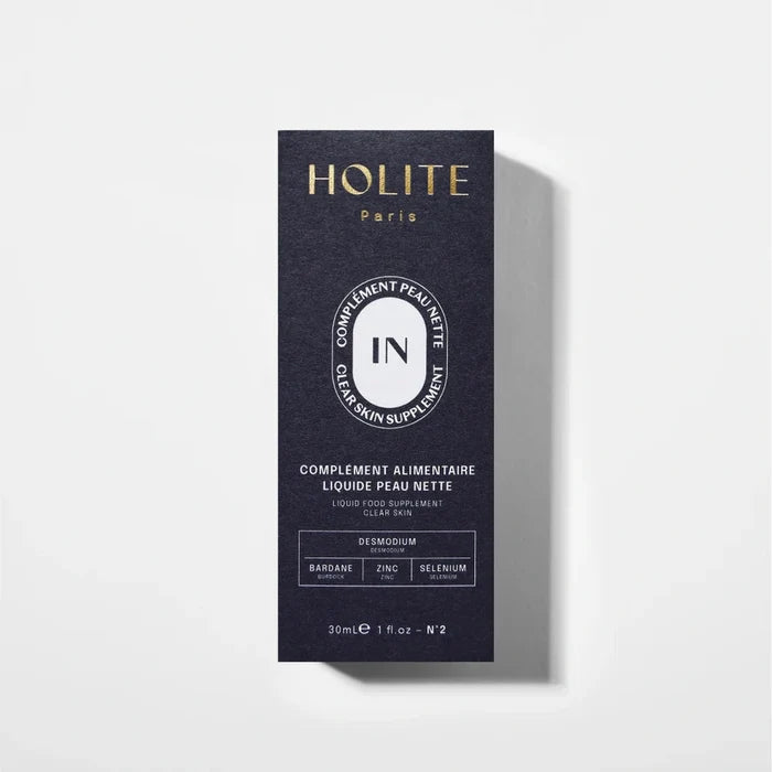 Boîte Holite Paris IN Peau Nette - Packaging complément alimentaire liquide peau nette 30ml - Ingrédients : Desmodium, Bardane, Zinc, Sélénium - Liquid Food Supplement Clear Skin - Fabriqué en France