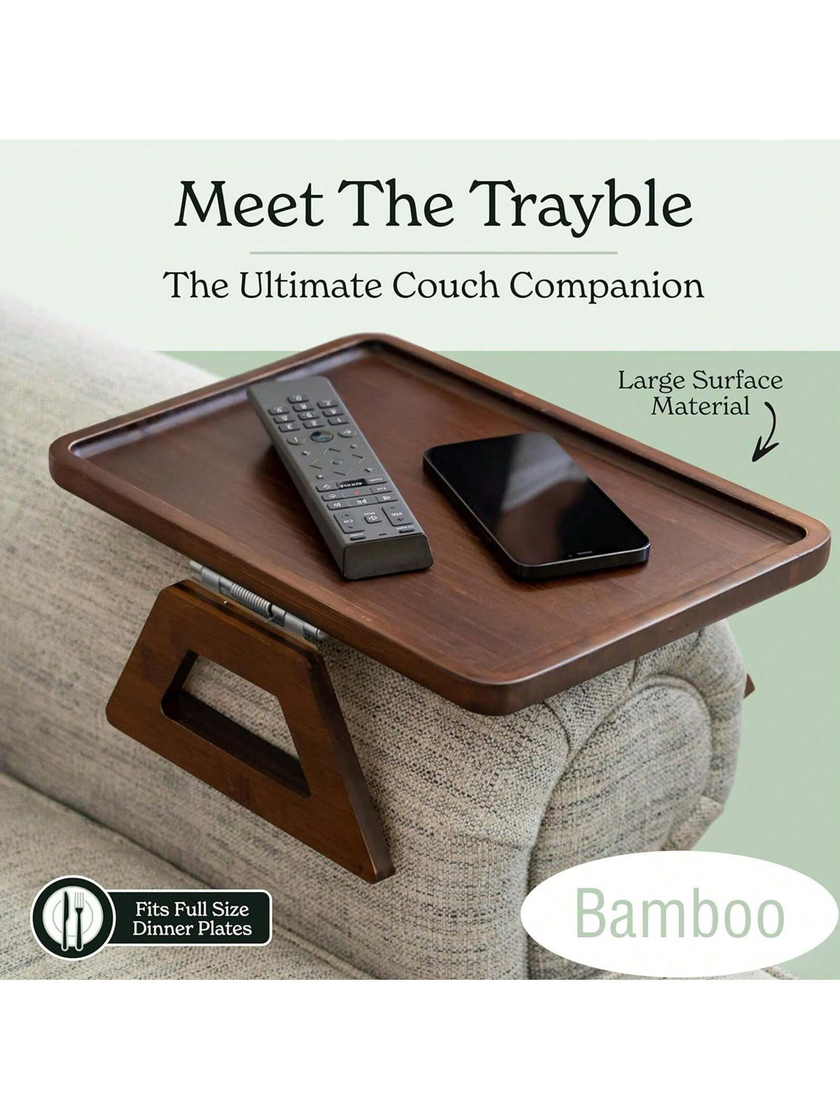 Couch Arm Table,Sofa Arm Clip Table,Bamboo Trayble Couch Arm Table, Clip On Tray Sofa Table For Couches. Sofa Arm Tray, Armchair Table For TV Dinners, Remotes, Drinks And Snacks, Brown