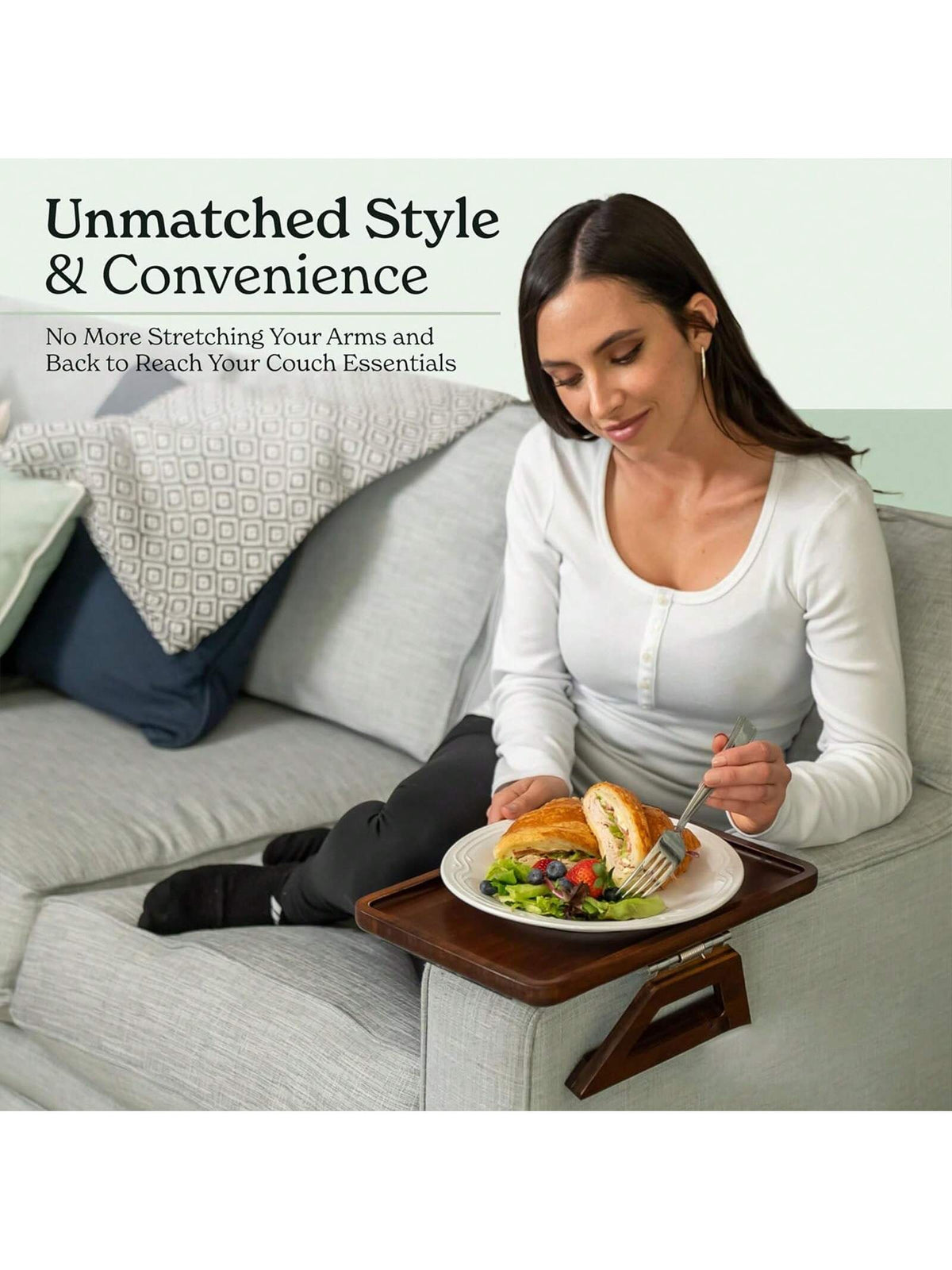 Couch Arm Table,Sofa Arm Clip Table,Bamboo Trayble Couch Arm Table, Clip On Tray Sofa Table For Couches. Sofa Arm Tray, Armchair Table For TV Dinners, Remotes, Drinks And Snacks, Brown