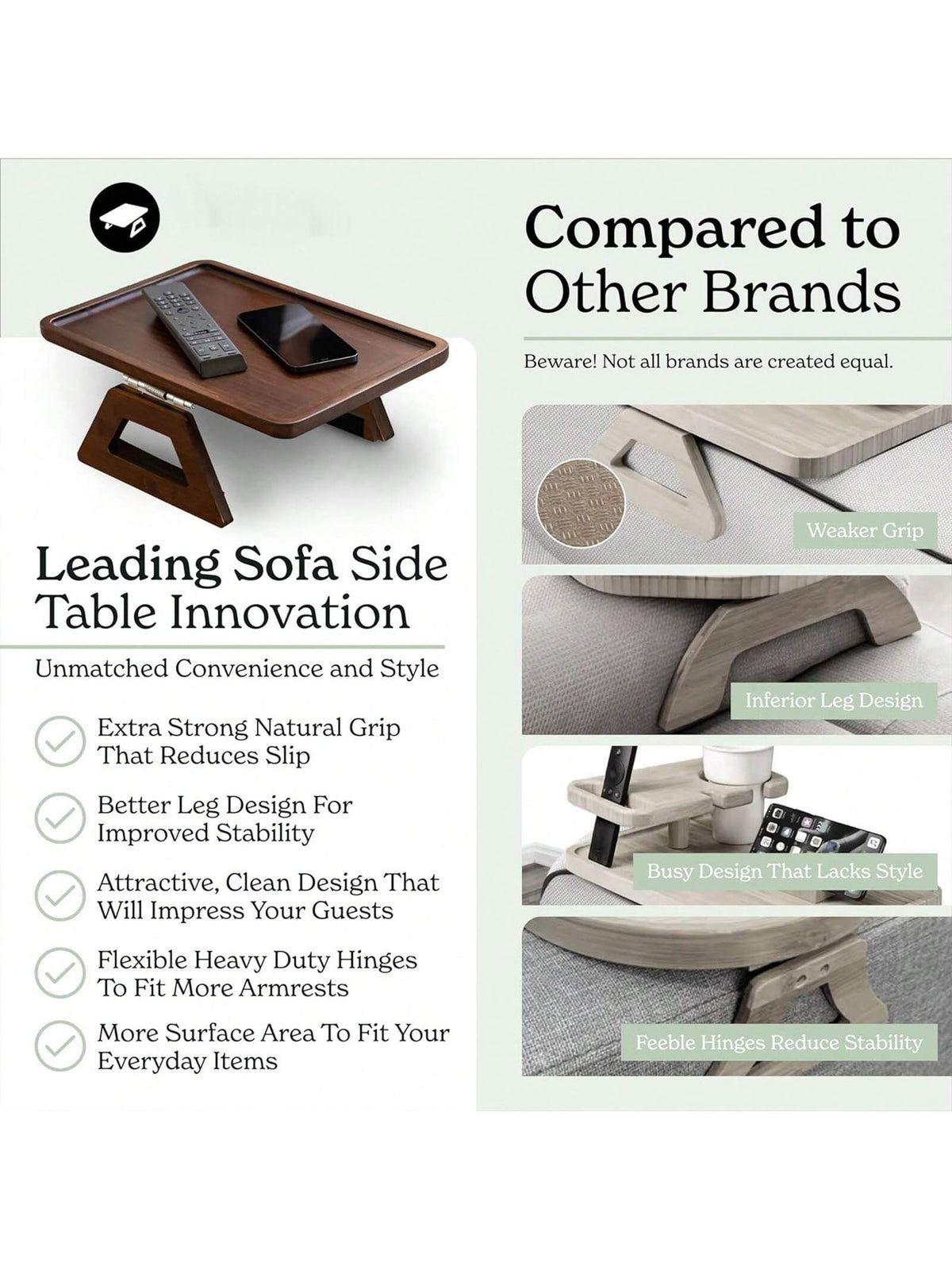 Couch Arm Table,Sofa Arm Clip Table,Bamboo Trayble Couch Arm Table, Clip On Tray Sofa Table For Couches. Sofa Arm Tray, Armchair Table For TV Dinners, Remotes, Drinks And Snacks, Brown