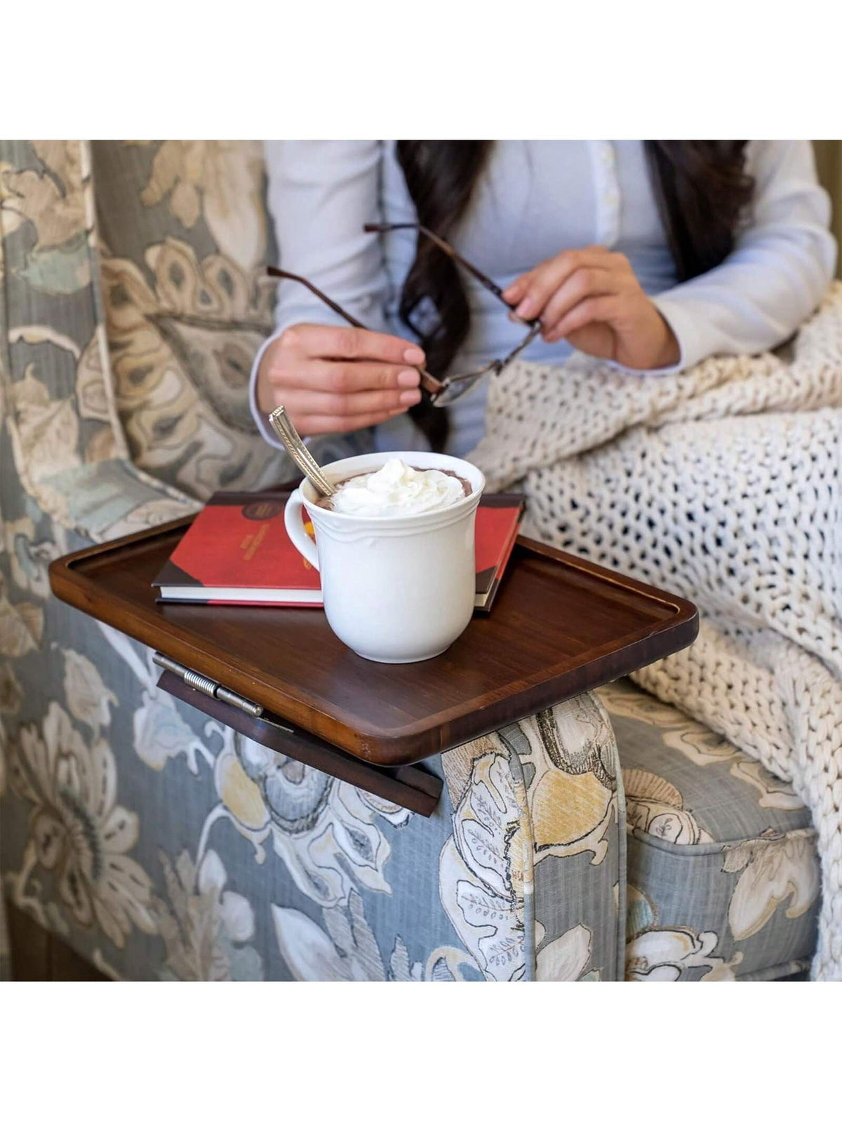 Couch Arm Table,Sofa Arm Clip Table,Bamboo Trayble Couch Arm Table, Clip On Tray Sofa Table For Couches. Sofa Arm Tray, Armchair Table For TV Dinners, Remotes, Drinks And Snacks, Brown