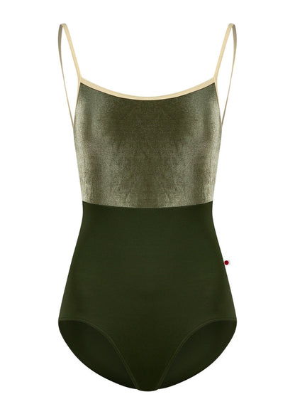 Yumiko Daniela camisole leotard in Jungle with Safari velvet bodice and Vanilla trim