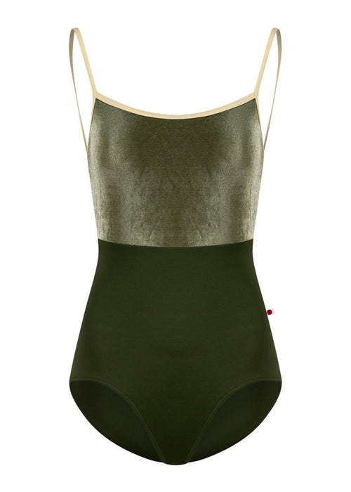 Yumiko Daniela camisole leotard in Jungle with Safari velvet bodice and Vanilla trim