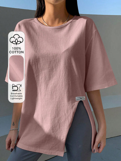 DAZY Letter Patched Detail Split Hem Drop Shoulder Tee