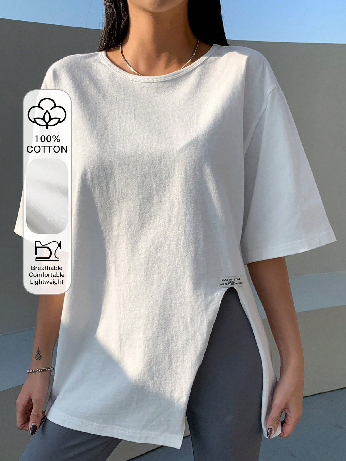 DAZY Letter Patched Detail Split Hem Drop Shoulder Tee