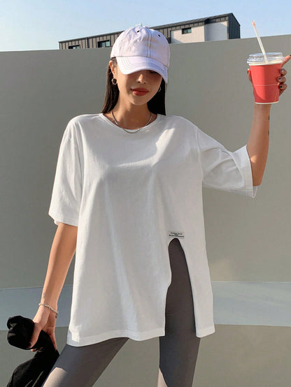 DAZY Solid Split Hem Patched Drop Shoulder Tee