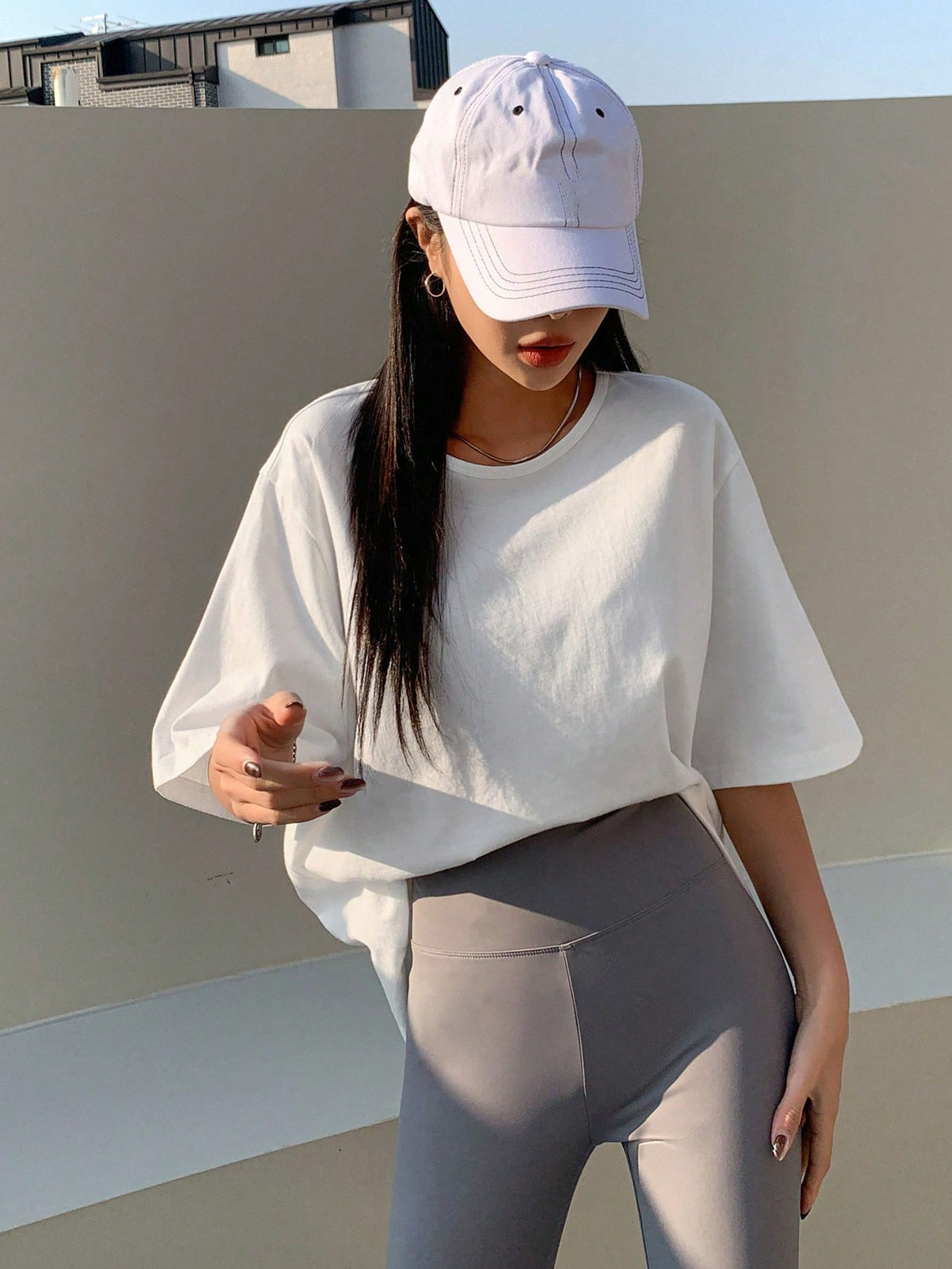 DAZY Solid Split Hem Patched Drop Shoulder Tee