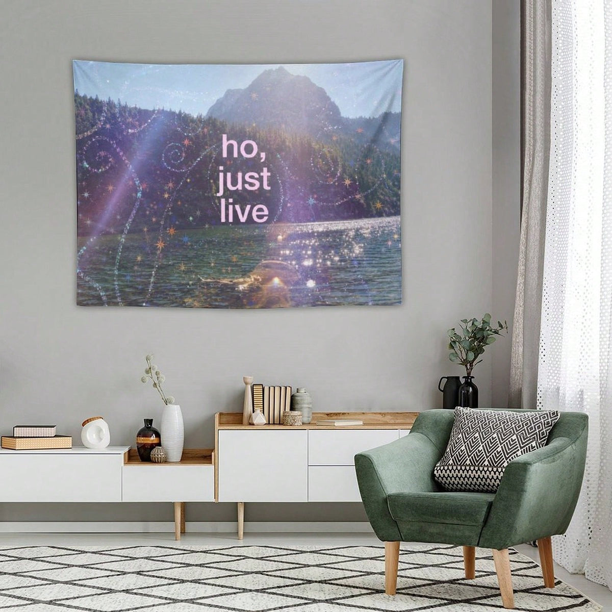 Dreamcore Sparkle Lake Y2K Tapestry For Bedroom, Nature Aesthetic Mountain Landscape Wall Hanging With Inspirational Quote, Fantasy Bedroom Decor For Dorm Room And Living Room, Multiple Sizes Availabl