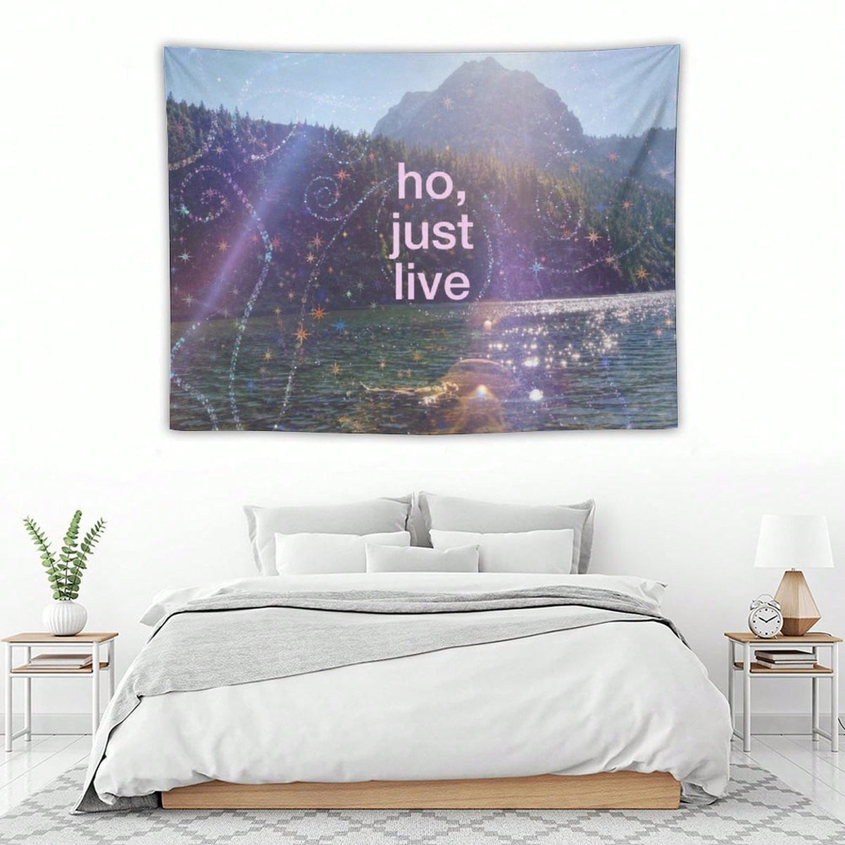 Dreamcore Sparkle Lake Y2K Tapestry For Bedroom, Nature Aesthetic Mountain Landscape Wall Hanging With Inspirational Quote, Fantasy Bedroom Decor For Dorm Room And Living Room, Multiple Sizes Availabl