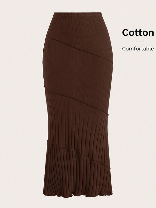 EZwear Solid Mermaid Hem Ribbed Knit Skirt