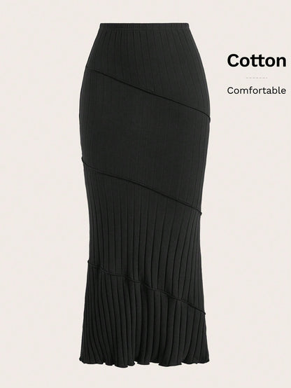 EZwear Solid Mermaid Hem Ribbed Knit Skirt
