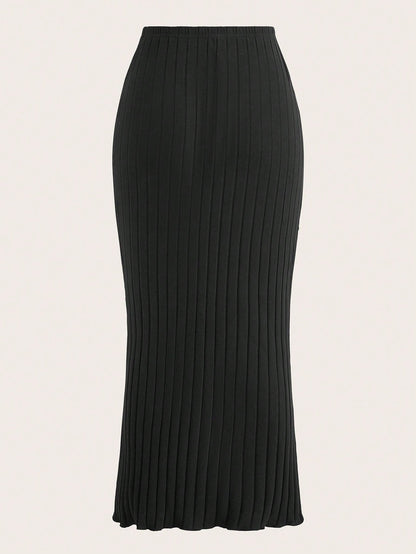 EZwear Solid Mermaid Hem Ribbed Knit Skirt