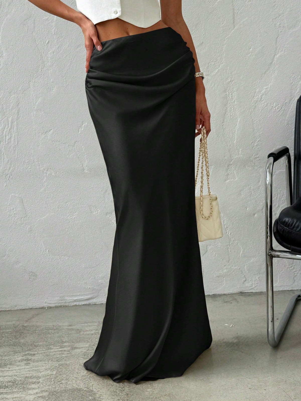Firerie Women's Elegant Minimalist Romantic Date/Office Versatile Solid Satin Maxi Skirt, Apricot, Suitable For Autumn/Winter