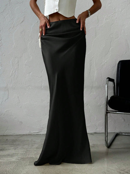 Firerie Women's Elegant Minimalist Romantic Date/Office Versatile Solid Satin Maxi Skirt, Apricot, Suitable For Autumn/Winter