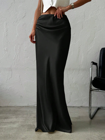 Firerie Women's Elegant Minimalist Romantic Date/Office Versatile Solid Satin Maxi Skirt, Apricot, Suitable For Autumn/Winter