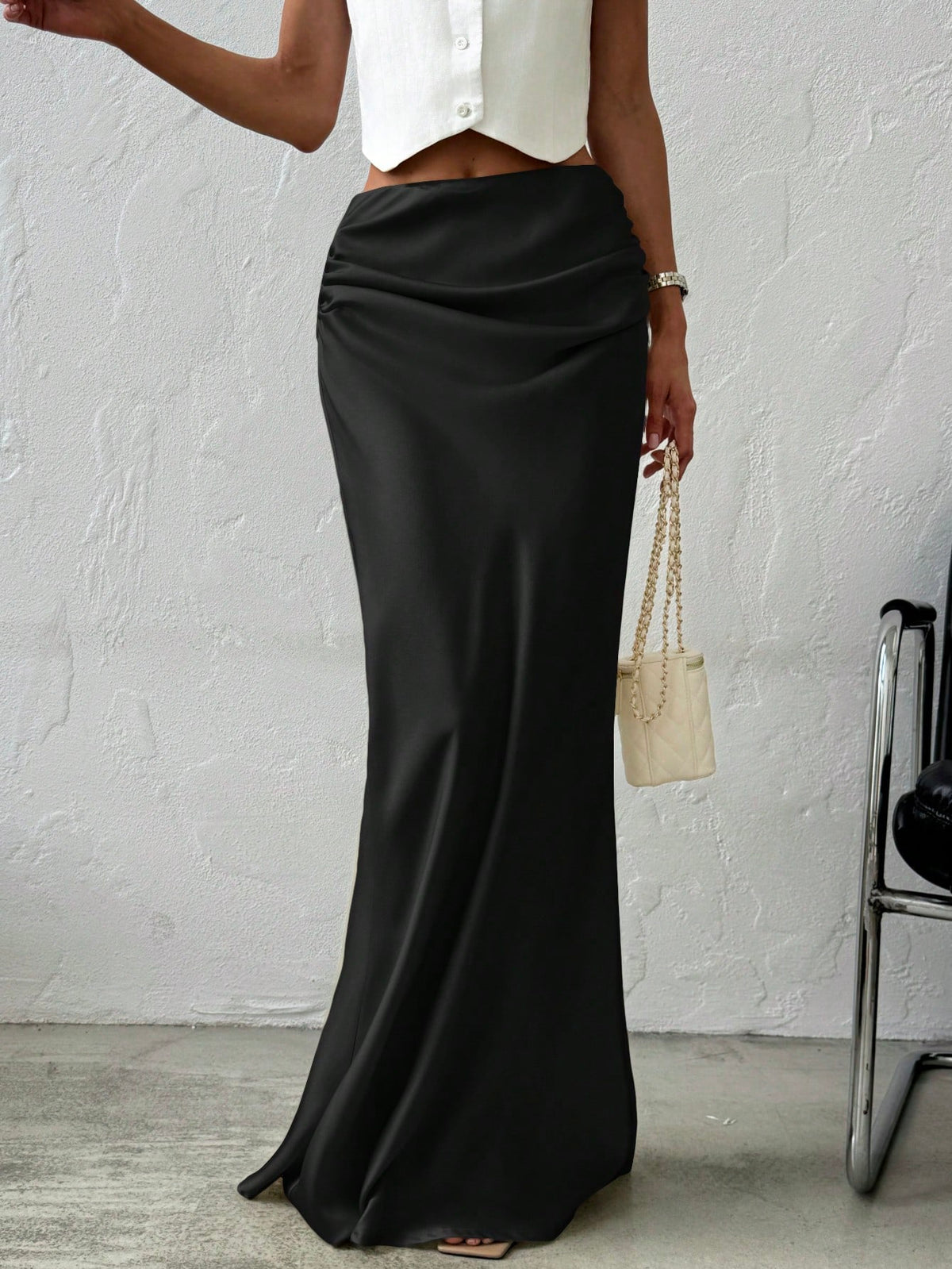 Firerie Women's Elegant Minimalist Romantic Date/Office Versatile Solid Satin Maxi Skirt, Apricot, Suitable For Autumn/Winter