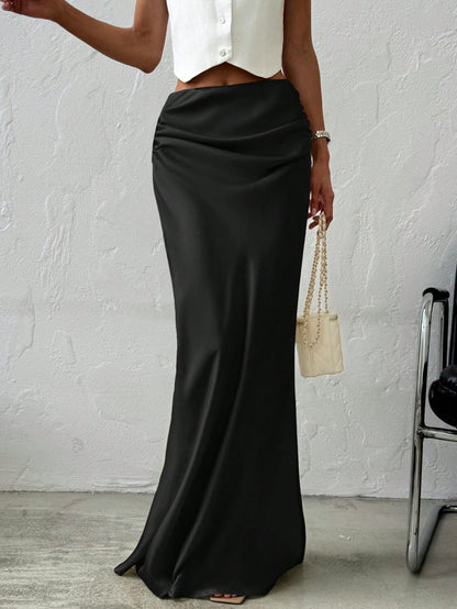 Firerie Women's Elegant Minimalist Romantic Date/Office Versatile Solid Satin Maxi Skirt, Apricot, Suitable For Autumn/Winter
