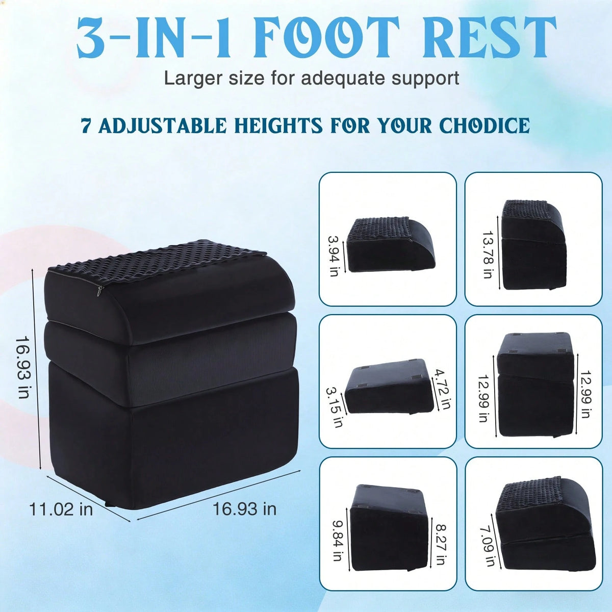 Foot Rest Under Desk, 3 Height Adjustable Ergonomic Foot Stool With Gel Textured Top And Cozy Pocket, Non-Slip Foam Footrest For Office Home Car(17" X 11" X 17",Cambered,Black)