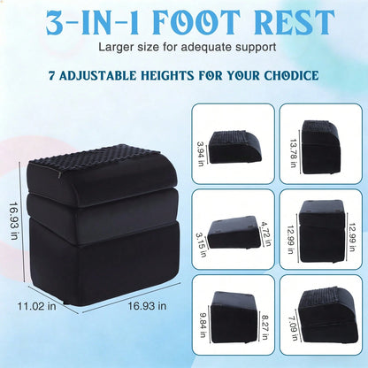 Foot Rest Under Desk, 3 Height Adjustable Ergonomic Foot Stool With Gel Textured Top And Cozy Pocket, Non-Slip Foam Footrest For Office Home Car(17" X 11" X 17",Cambered,Black)