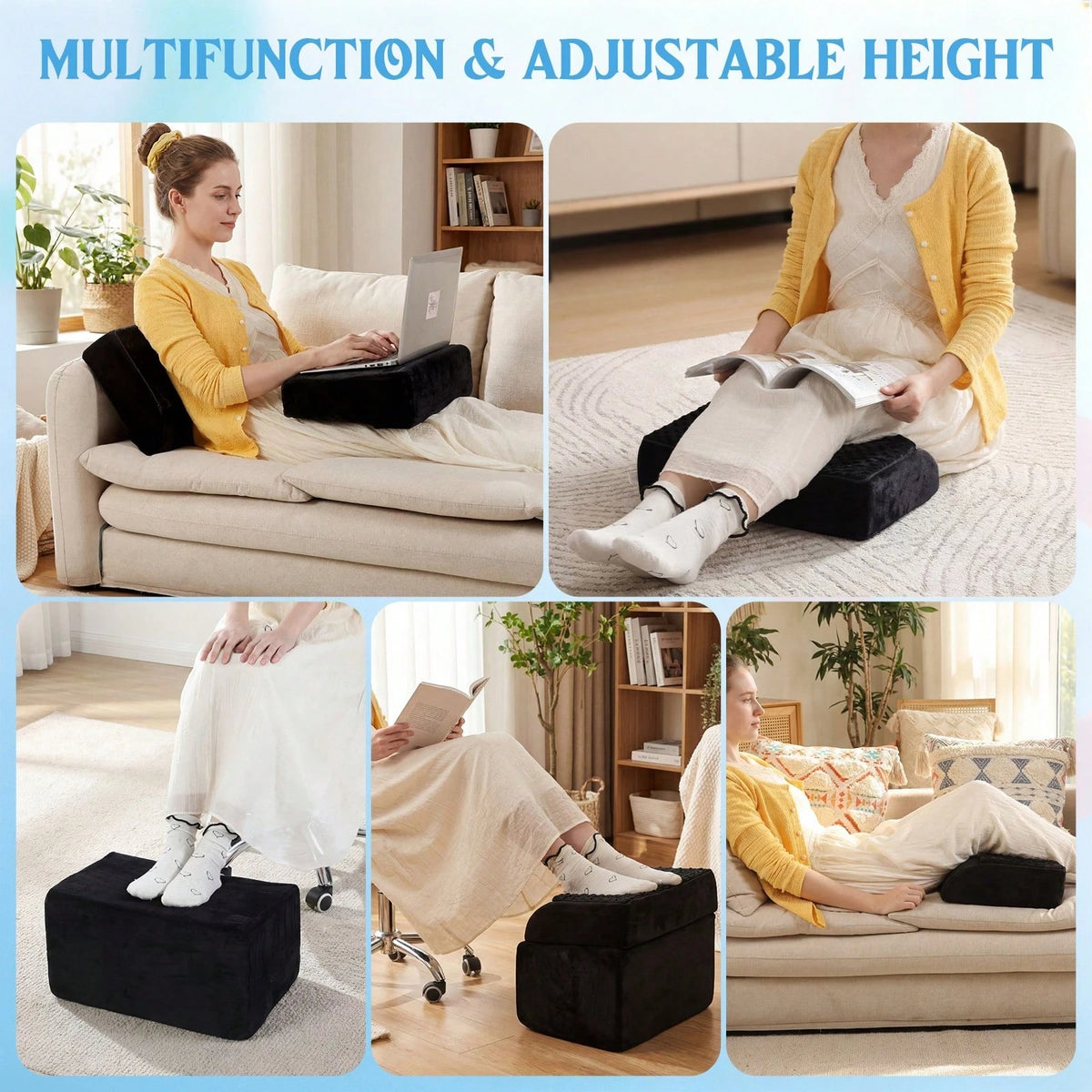 Foot Rest Under Desk, 3 Height Adjustable Ergonomic Foot Stool With Gel Textured Top And Cozy Pocket, Non-Slip Foam Footrest For Office Home Car(17" X 11" X 17",Cambered,Black)