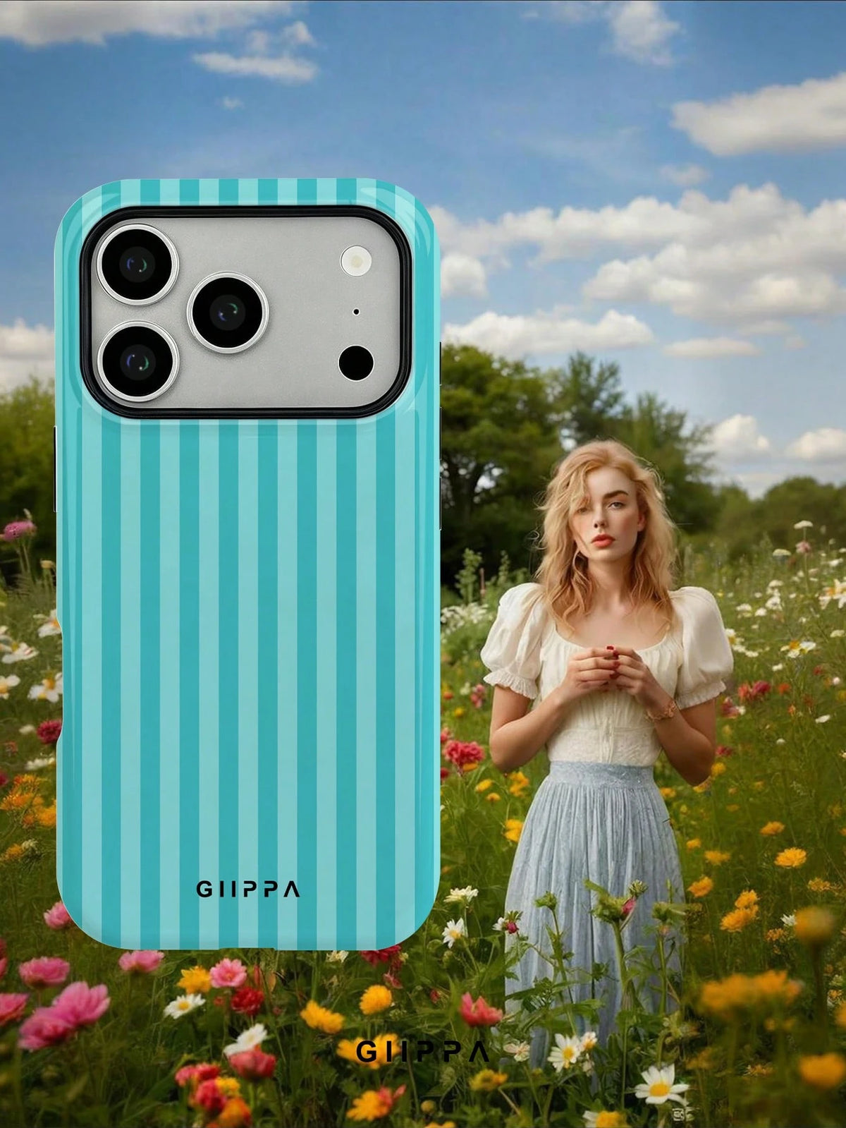 GIIPPA 1pc Mint Blue Vertical Stripe Pattern Design, Phone 17 Pro Max Phone Case, Compatible With Phone 16 Pro Max, 15 Pro Max, 14 Pro Max, Korean Style High-End Fashionable And Interesting Phone Case