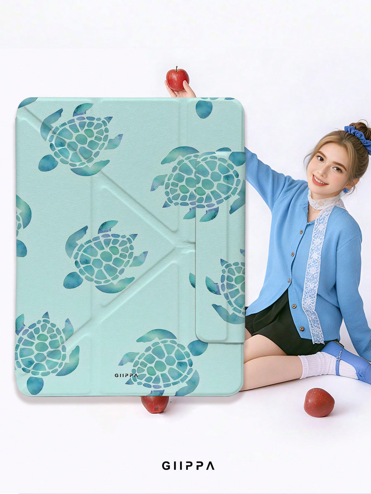 GIIPPA Turtle Pattern Y-Fold Magnetic Tablet Protective Case, PU Leather Shell With Hard Acrylic Anti-Bend Backplate, Pink Velvet Lining Anti-Scratch, Hidden Pen Slot Shockproof Protective Case, Suppo