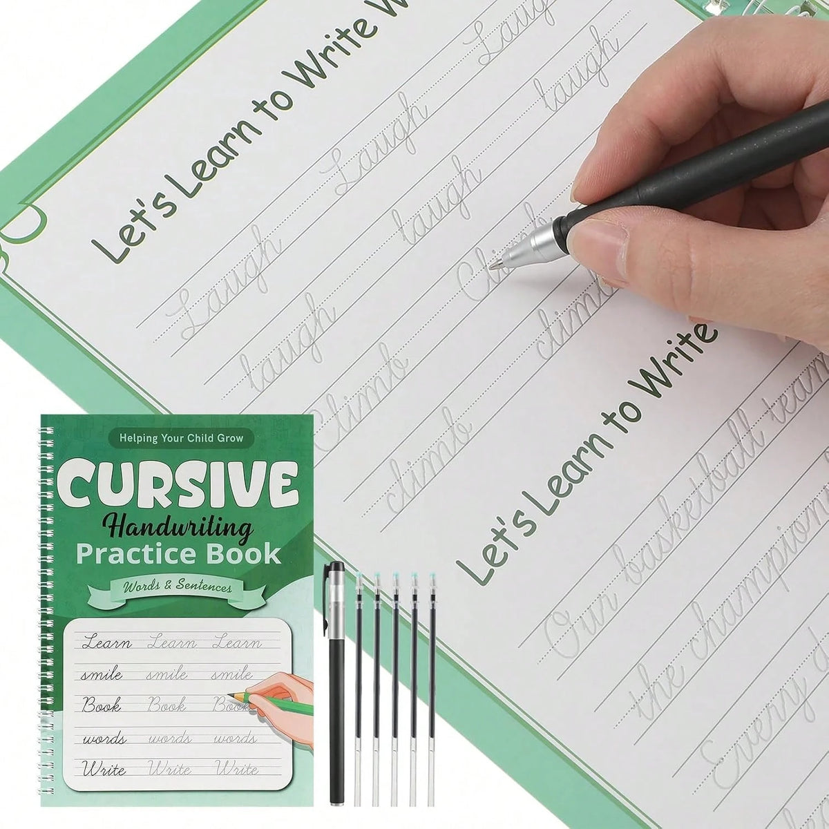 Gilprop Grooved Cursive Handwriting Workbook Reusable Handwriting Practice Copybooks With Special Ink Cursive Writing Practice Book For Kids Beginners Learning Activities(Words And Sentences)