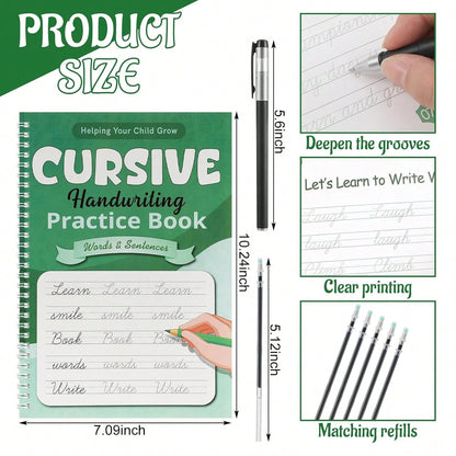 Gilprop Grooved Cursive Handwriting Workbook Reusable Handwriting Practice Copybooks With Special Ink Cursive Writing Practice Book For Kids Beginners Learning Activities(Words And Sentences)