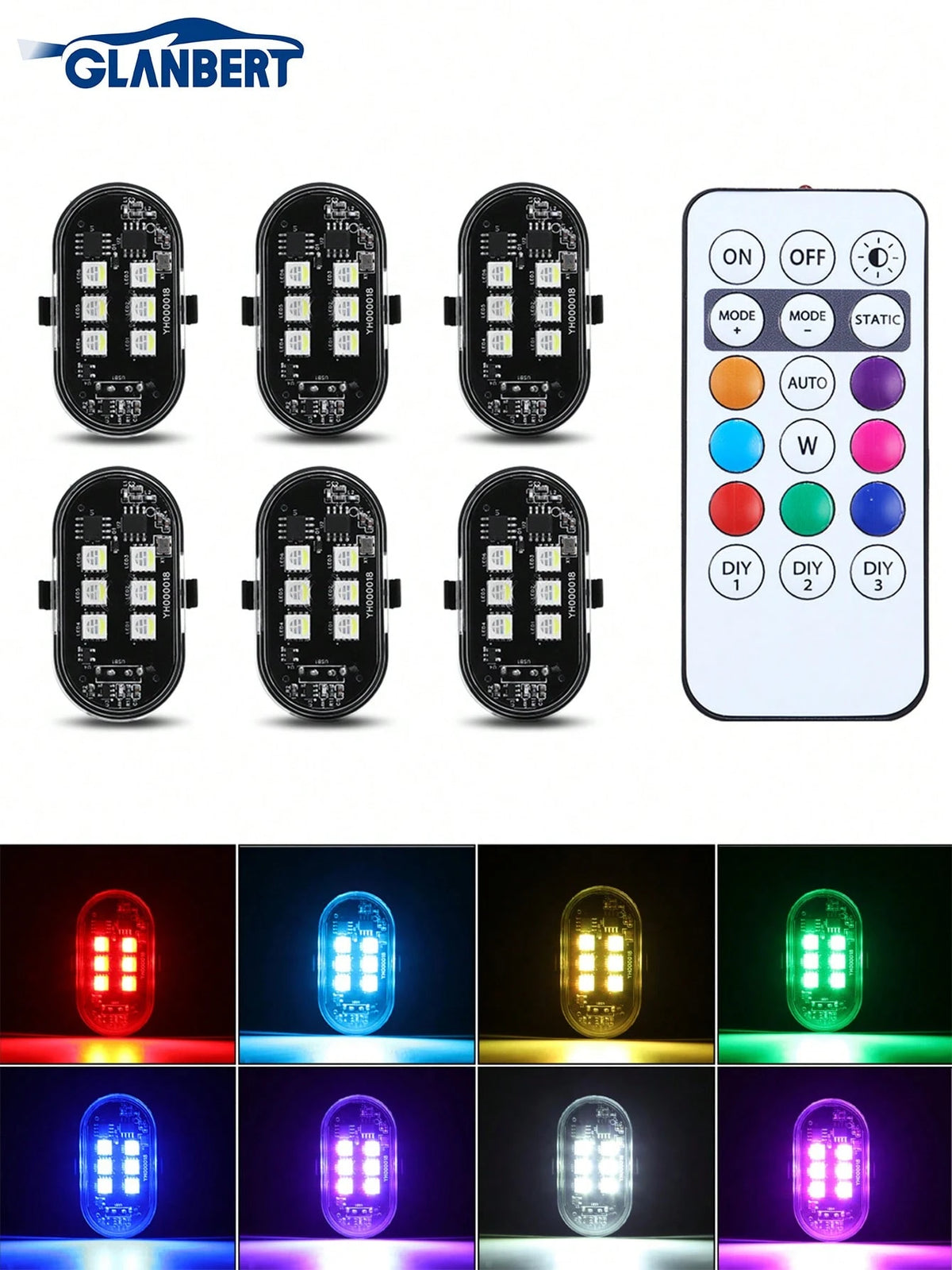 GLANBERT Upgraded 6LEDs 6/4/2PCS Wireless LED Strobe Lights,Car Decorative Lights,With Remote Control,Mini Lights 8 Colors USB Charing Anti-Collision Led Emergency Warning Lights For Car Motorcycle Dr