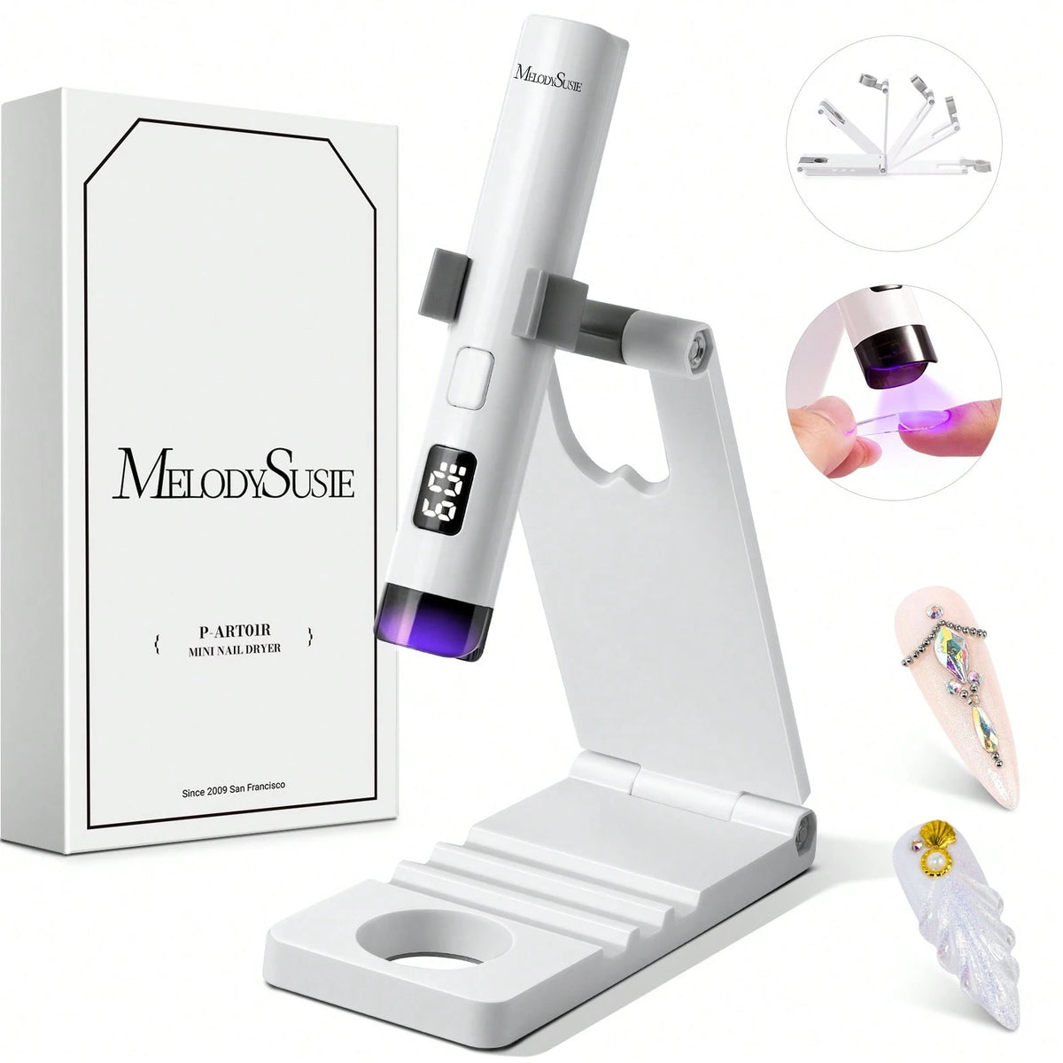 Handheld UV Light For Gel Nails With Stand, Mini Portable Cordless Nail Lamp With LCD Display, Eye-Protective Cover, Flash Curing For Glue White