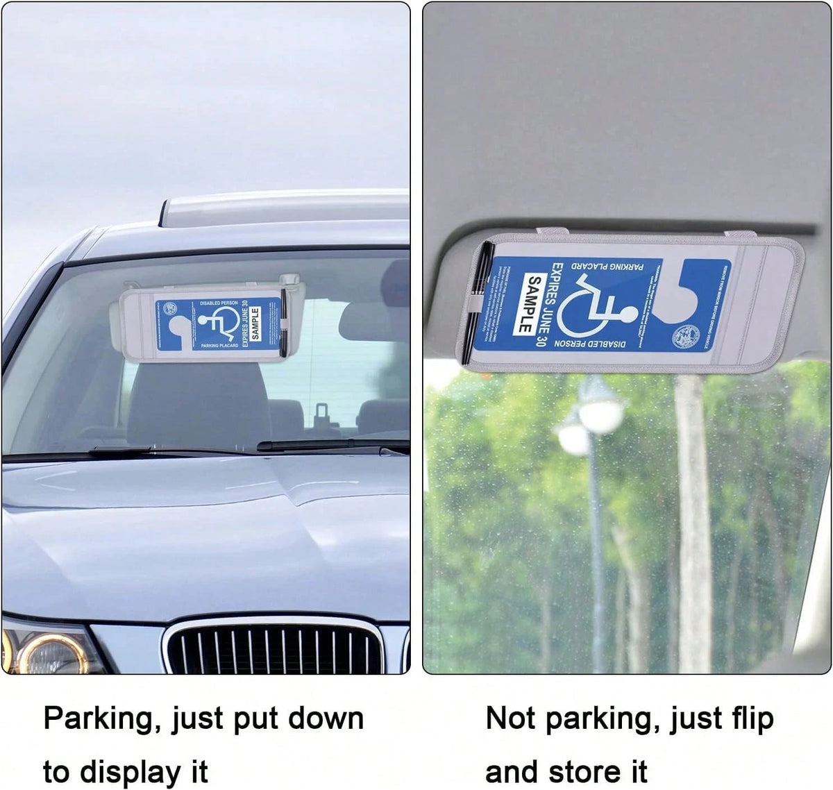 Handicap Placard Holder For Auto, Wisdompro Disabled Parking Permit Sign Protector For Car Sun Visor With Note Paper Slot, Pen Holder And Elastic Strap- Gray