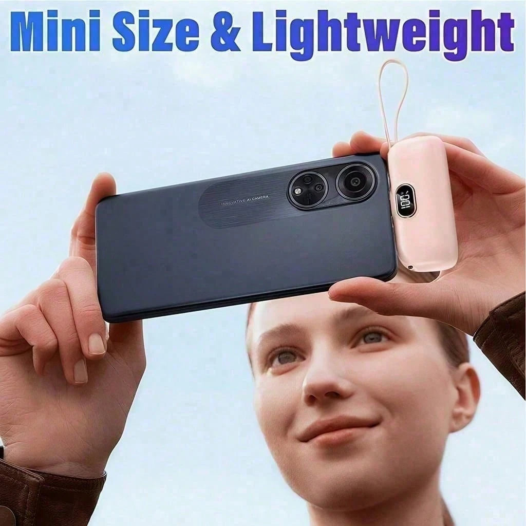 Lightweight Pink 5000mAh Capsule Charger With Lightning Plug, USB-C Cable And 22.5W Fast Charge Output, With Visible Battery Percentage Screen, Compact Capsule Shell And Lanyard For Quick Travel Acces