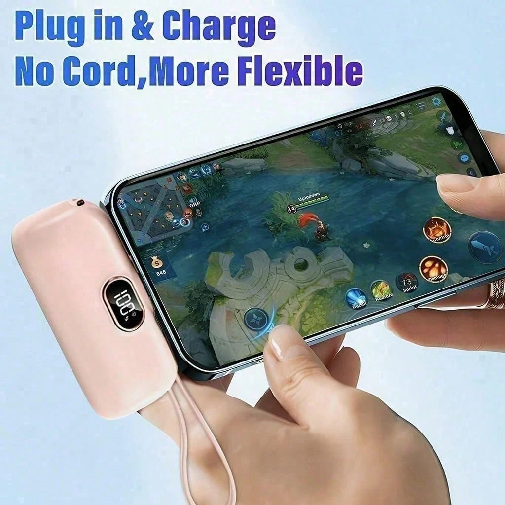 Lightweight Pink 5000mAh Capsule Charger With Lightning Plug, USB-C Cable And 22.5W Fast Charge Output, With Visible Battery Percentage Screen, Compact Capsule Shell And Lanyard For Quick Travel Acces