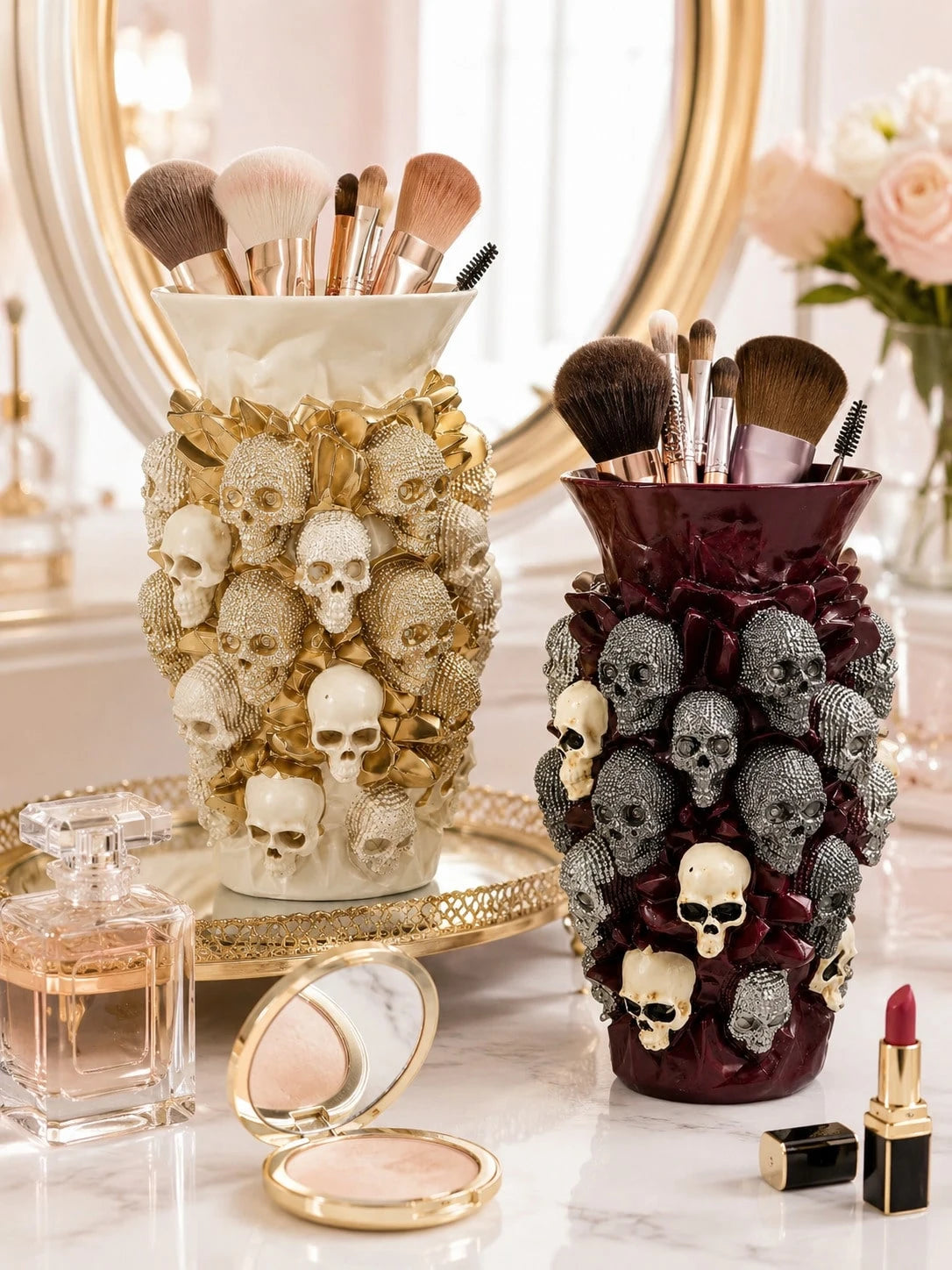 Luxury Skull Makeup Brush Holder, Gothic Cosmetic Organizer Cup, Halloween Vanity Decor, Vintage Dark Aesthetic Storage Container For Makeup Brushes, Beauty Tools, Dressing Table, Bedroom, Bathroom Co