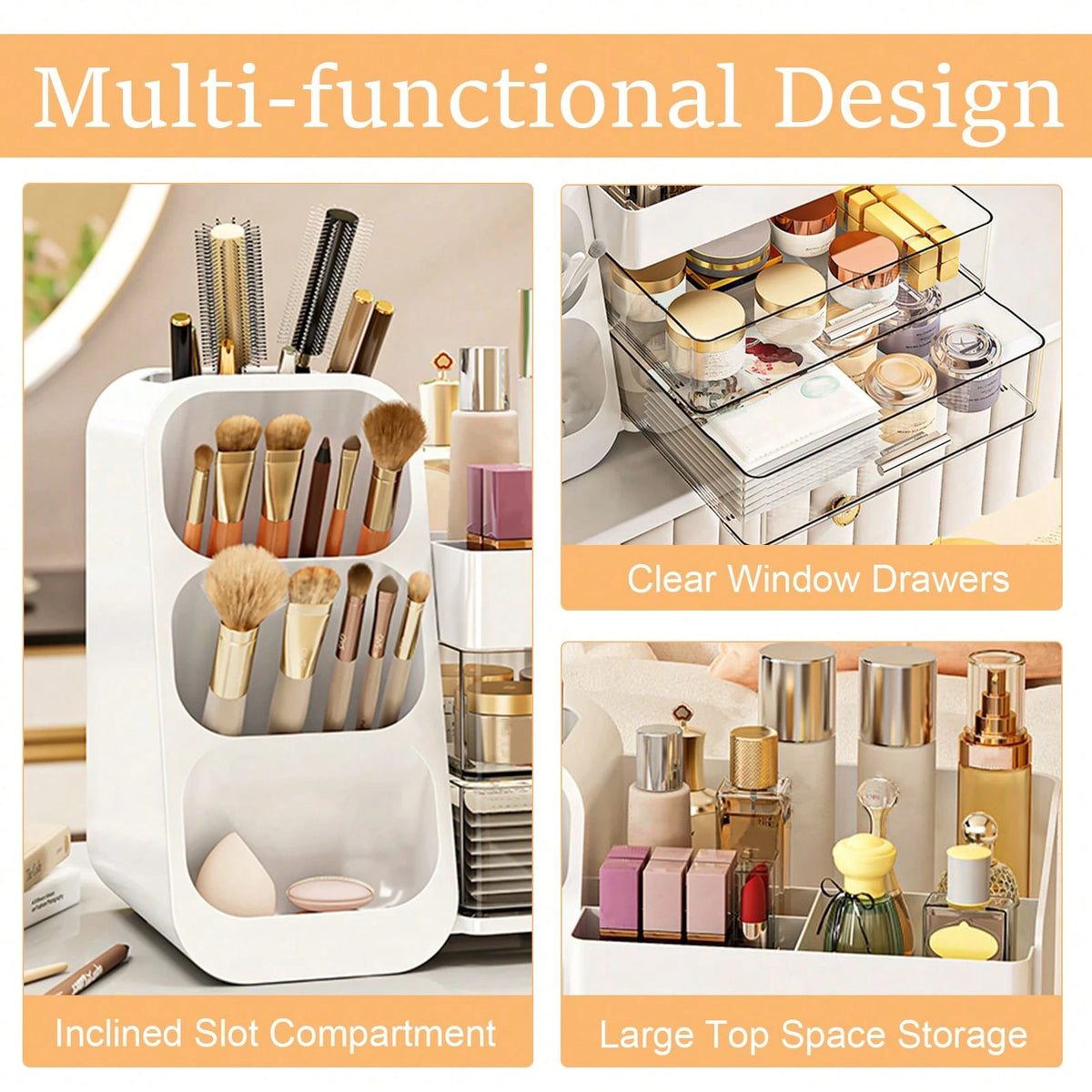 Makeup Organizer With Drawers, Combination Large Capacity Countertop Organizer For Vanity, Bathroom And Bedroom Desk Cosmetics Organizer, Easy To Storage Skincare, Brushes, Eyeshadow, Lotions, Lipstic