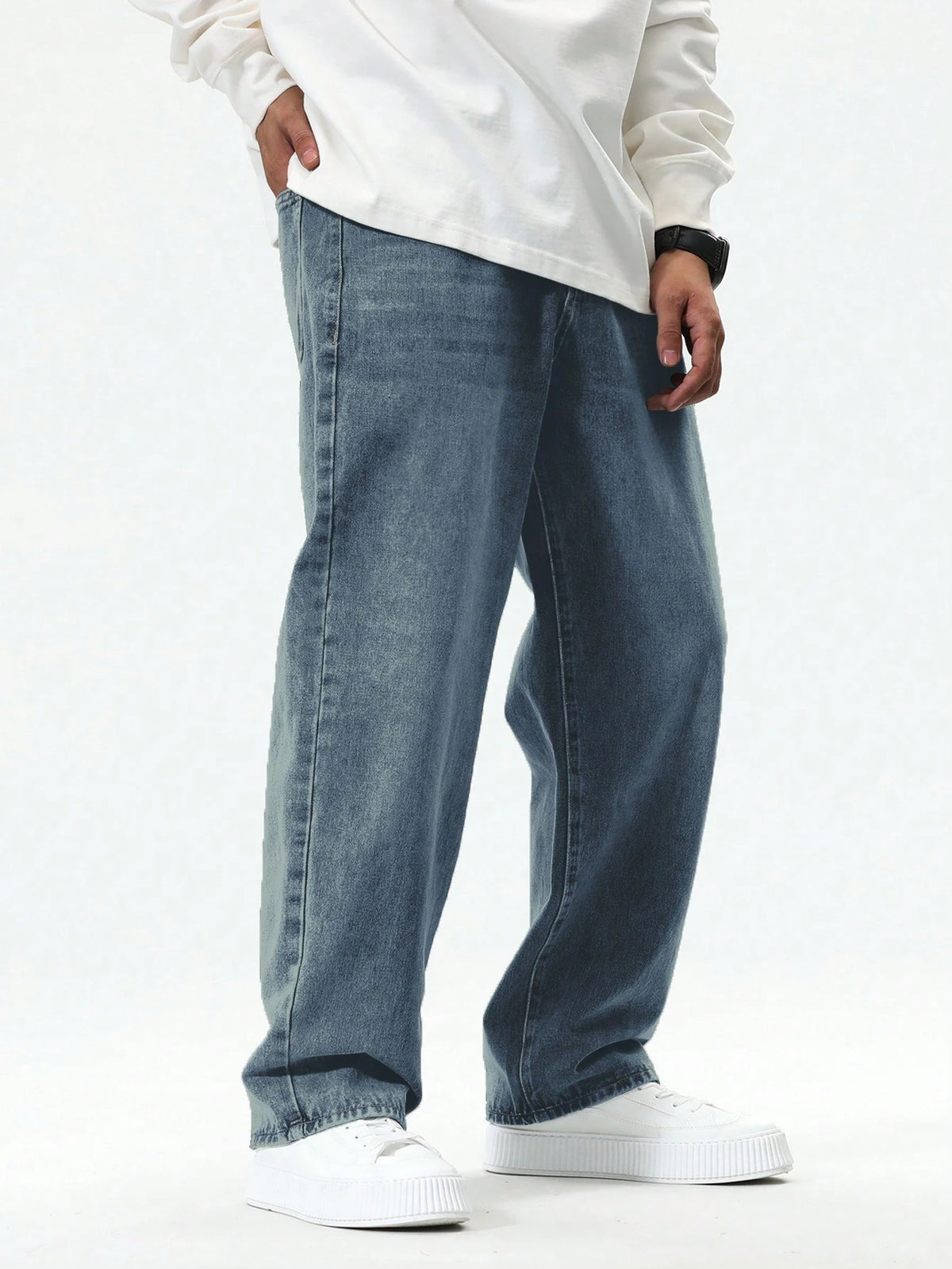 Manfinity Hypemode Plus Size Men Straight Leg Pockets Minimalist Casual Denim Jeans,Plain Long Distressed Baggy Light Blue Cargo Jeans,Summer,Evening Tropical Vacation