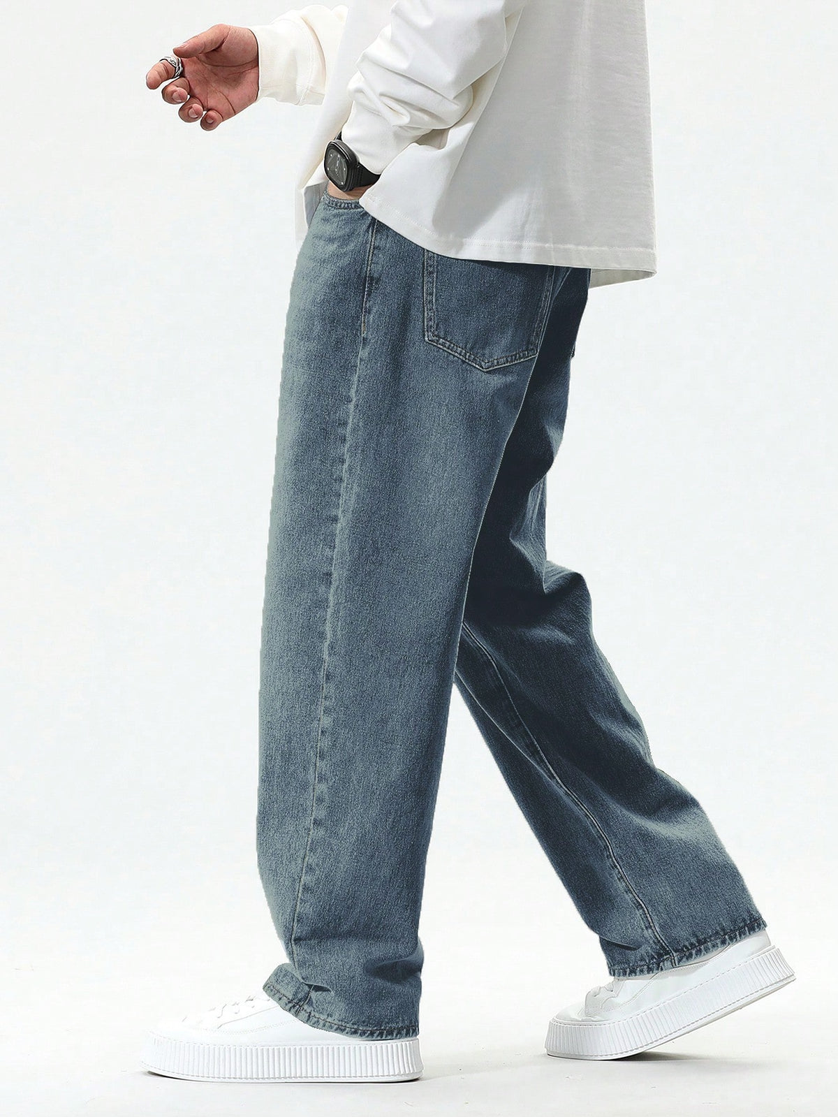 Manfinity Hypemode Plus Size Men Straight Leg Pockets Minimalist Casual Denim Jeans,Plain Long Distressed Baggy Light Blue Cargo Jeans,Summer,Evening Tropical Vacation