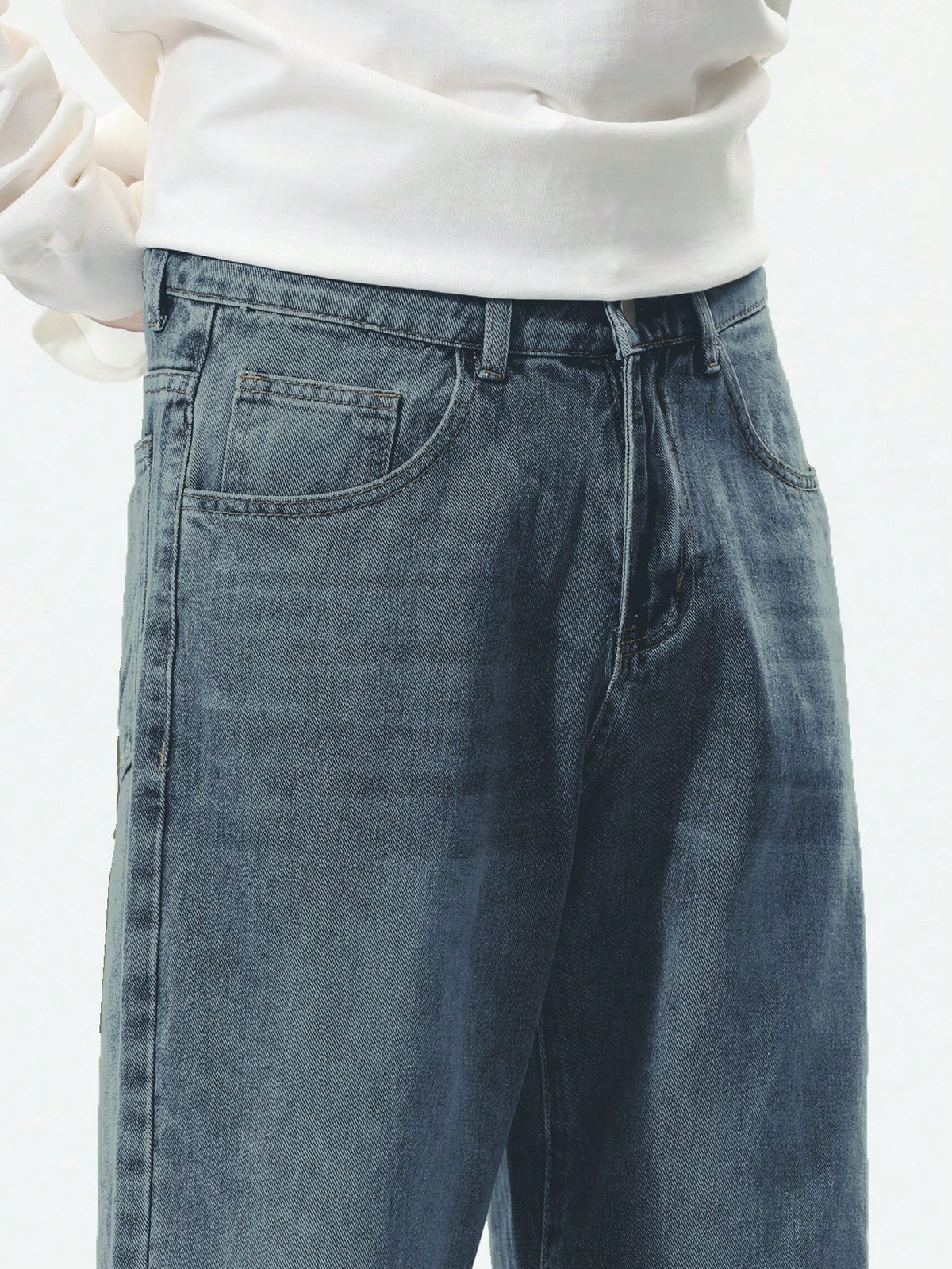 Manfinity Hypemode Plus Size Men Straight Leg Pockets Minimalist Casual Denim Jeans,Plain Long Distressed Baggy Light Blue Cargo Jeans,Summer,Evening Tropical Vacation