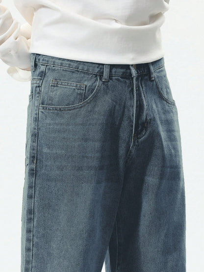 Manfinity Hypemode Plus Size Men Straight Leg Pockets Minimalist Casual Denim Jeans,Plain Long Distressed Baggy Light Blue Cargo Jeans,Summer,Evening Tropical Vacation