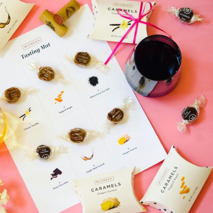McCrea's Caramels Tapped Maple candy in a wrapper, showcasing rich caramel flavor and maple accents from McCrea's Candies.