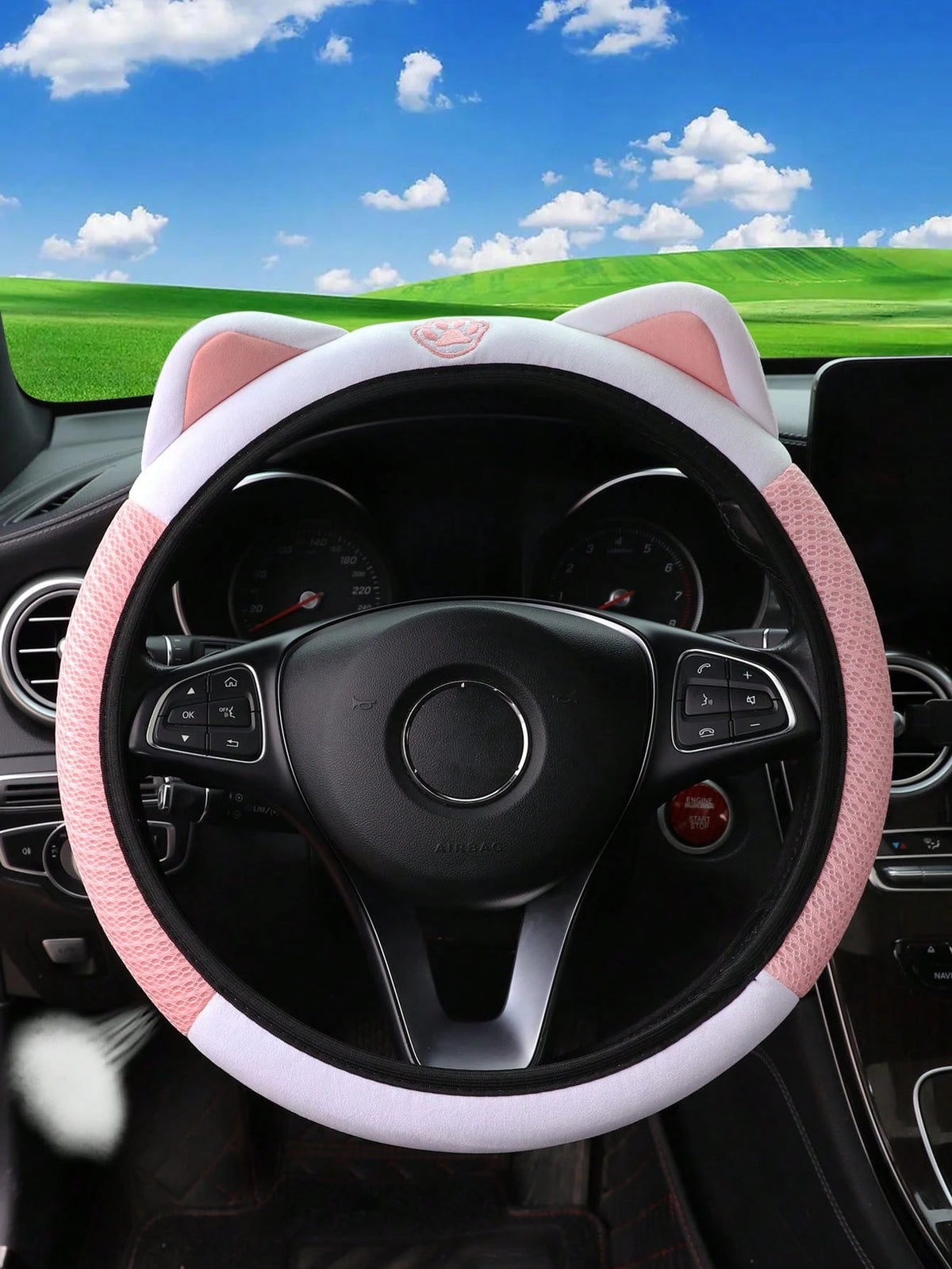 MEIKAXIU 1pc Breathable Mesh Pink, Blue, Green, Gray Cute Kitty Pattern Car Steering Wheel Cover For 14.5-15 Inch Vehicles, Women Interior Accessories