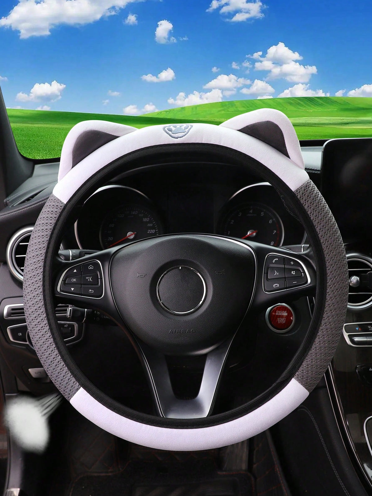 MEIKAXIU 1pc Breathable Mesh Pink, Blue, Green, Gray Cute Kitty Pattern Car Steering Wheel Cover For 14.5-15 Inch Vehicles, Women Interior Accessories