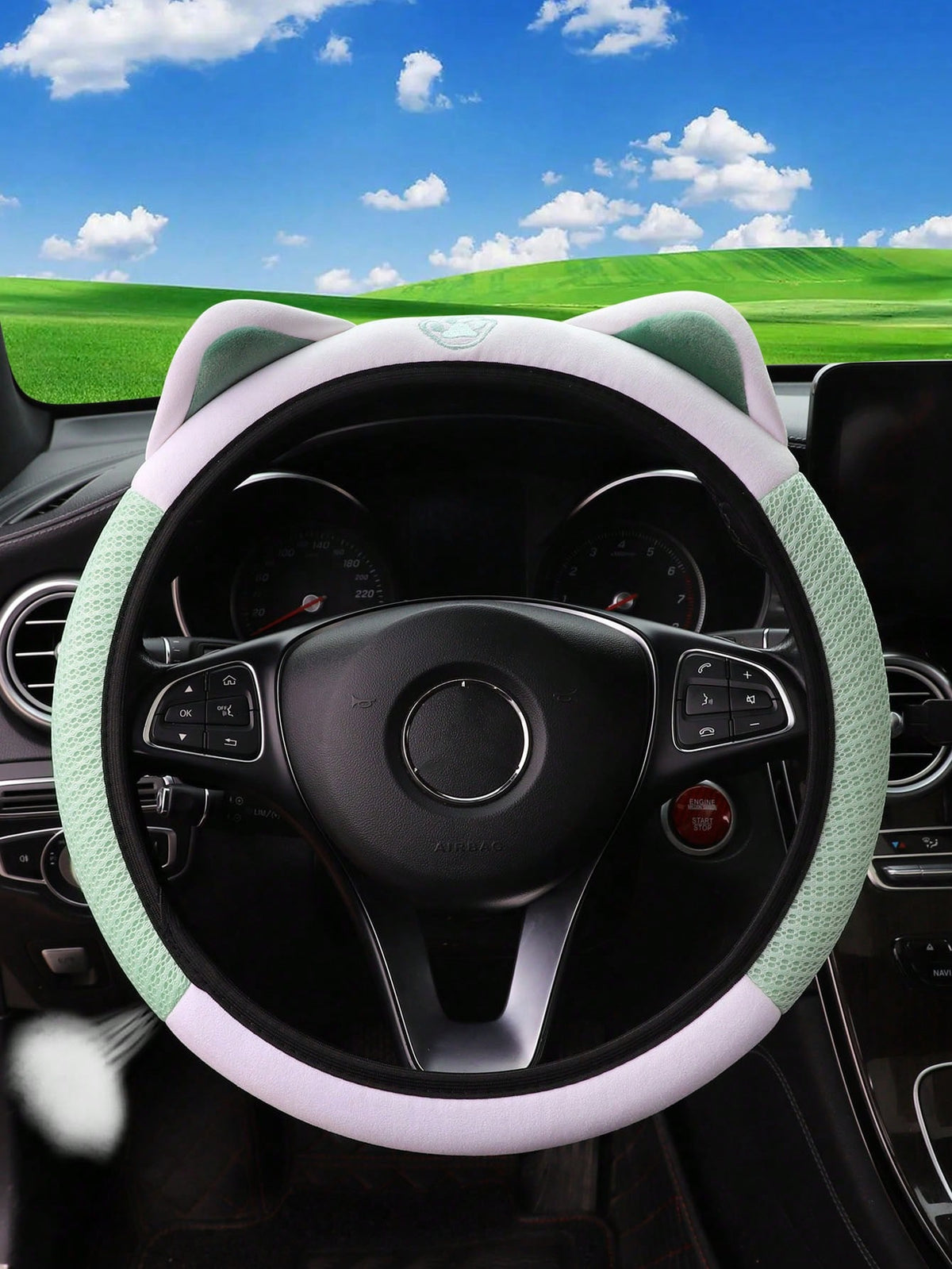 MEIKAXIU 1pc Breathable Mesh Pink, Blue, Green, Gray Cute Kitty Pattern Car Steering Wheel Cover For 14.5-15 Inch Vehicles, Women Interior Accessories