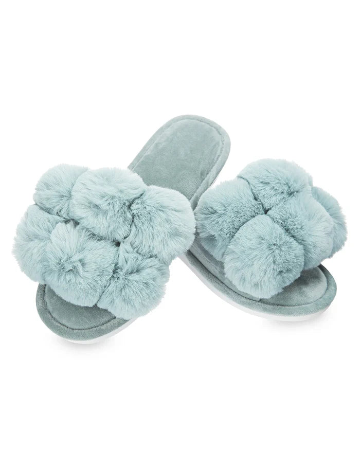 MeMoi Luxe Pompom open-toe plush slippers in Sea Blue, side view showing the plush texture.