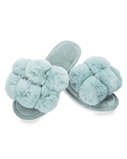 MeMoi Luxe Pompom open-toe plush slippers in Sea Blue, side view showing the plush texture.