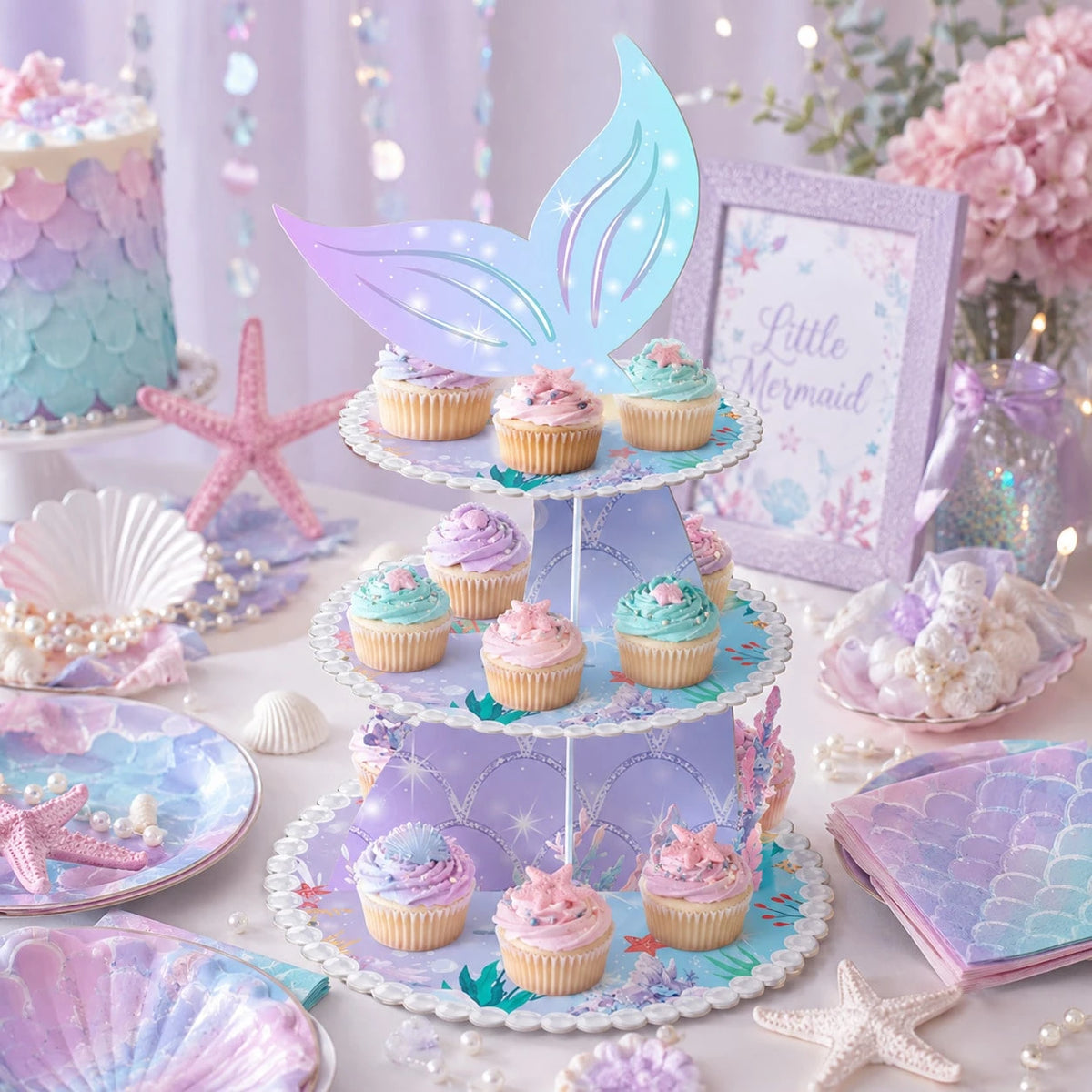 Mermaid Theme 3-Tier Paper Cake Stand, Dreamy Fish Tail Cupcake Dessert Display Rack, Girls Birthday Party Baby First Birthday Ocean Theme Tabletop Decoration