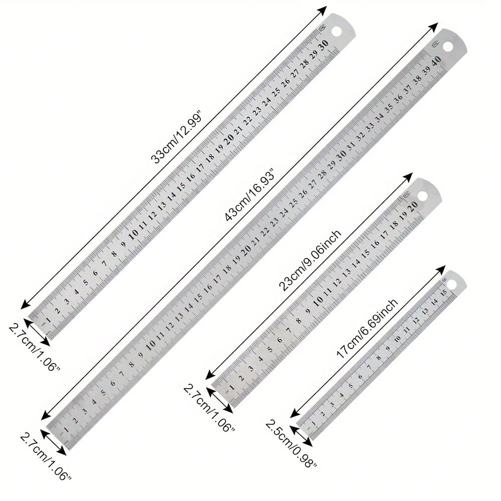Metal Ruler Set, 4 Sizes Stainless Steel Rulers 15cm(6in) 20cm(8in) 30cm(12in) 40cm(16in) Dual Scale Metric & Imperial, Measuring Tool Metal Steel Ruler, Suitable For Teaching, Office, Drawing, Engine