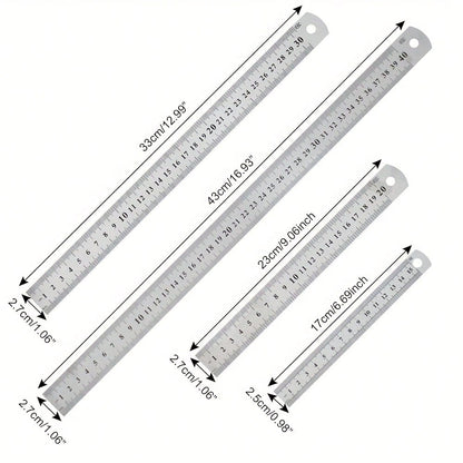 Metal Ruler Set, 4 Sizes Stainless Steel Rulers 15cm(6in) 20cm(8in) 30cm(12in) 40cm(16in) Dual Scale Metric & Imperial, Measuring Tool Metal Steel Ruler, Suitable For Teaching, Office, Drawing, Engine